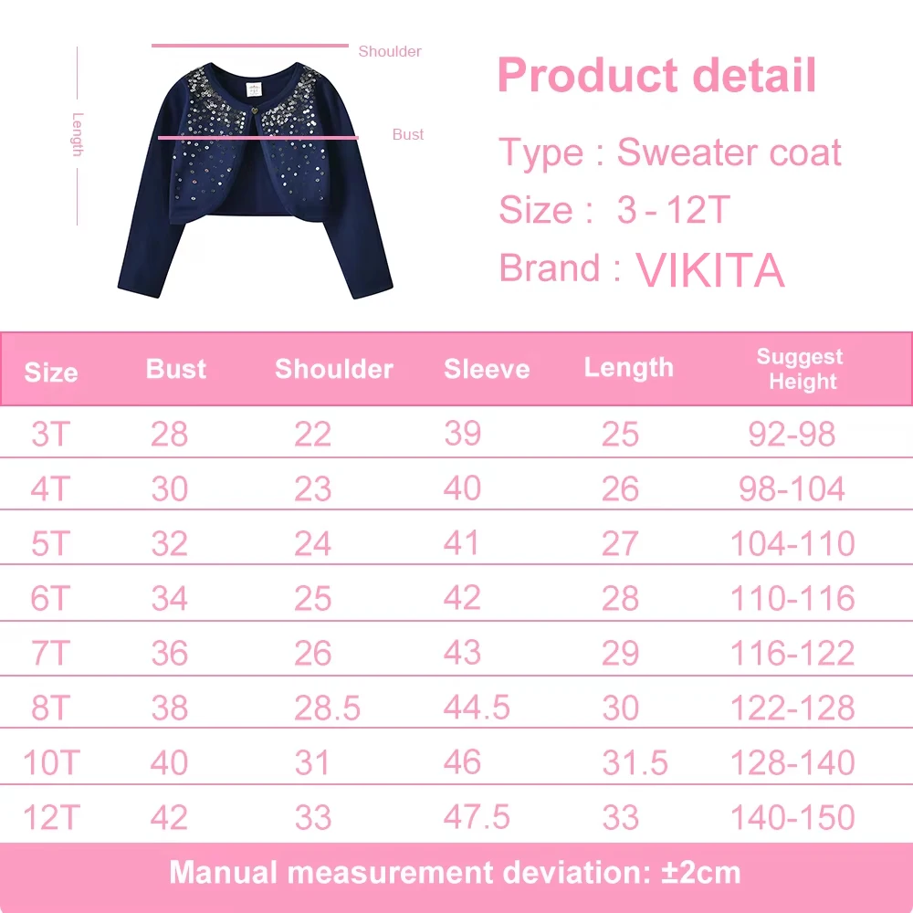 VIKITA Children Girl Fashion Clothes Kids Sequined Appliqued Cardigan Sweater Girls Knitted Spring Autumn Navy Blue Sweater