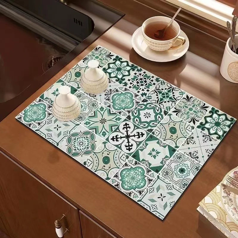 VIKAMA Kitchen Drain Mat Vintage Floral Magnolia Daisy Painting Art Kitchen Counter Mat Highly Absorbent Fast Drying Anti Skid