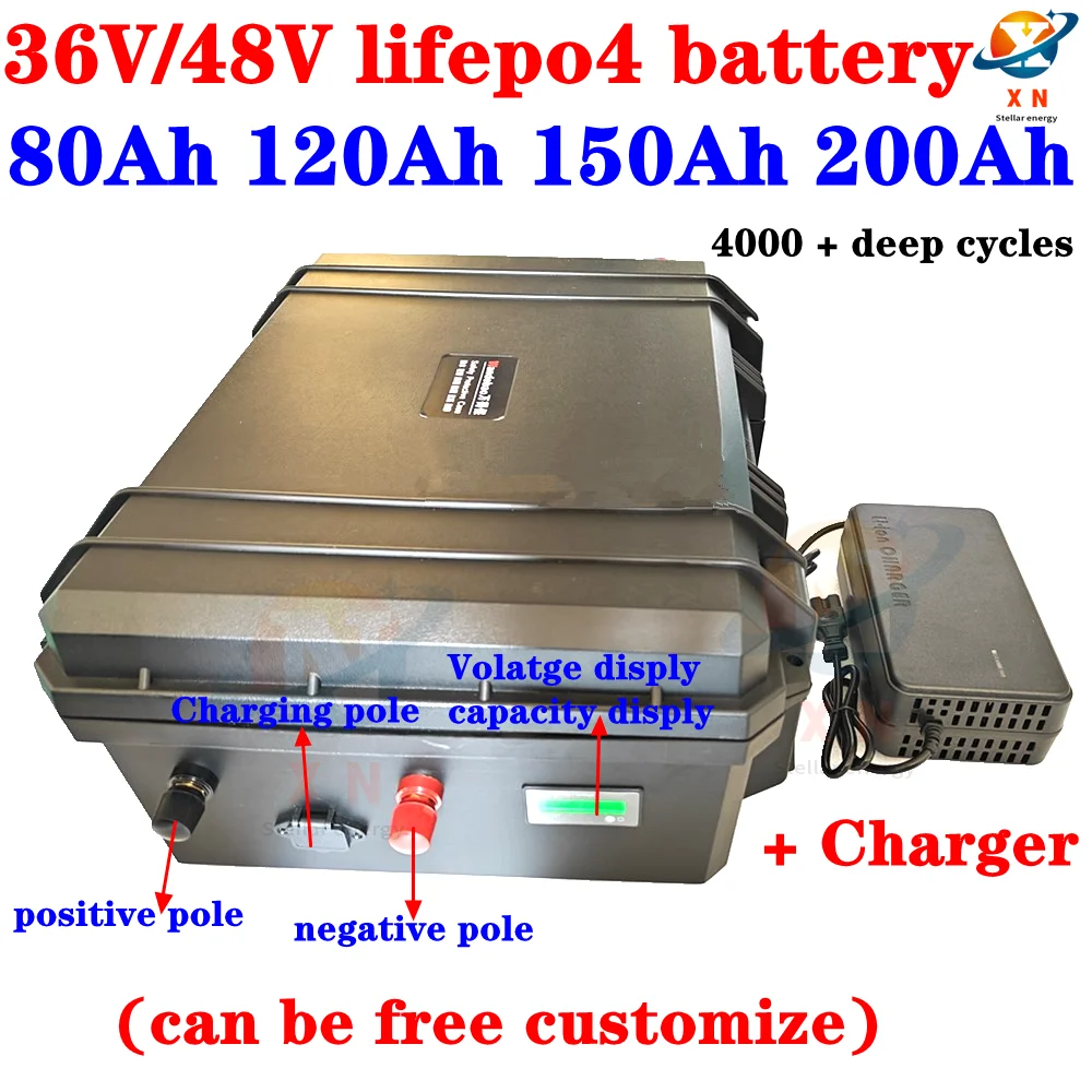 

waterproof 48V 120Ah 200Ah 36V 150AH 80Ah lifepo4 lithium battery BMS for 5000w Scooter golf cart Tricycle + 10A charger