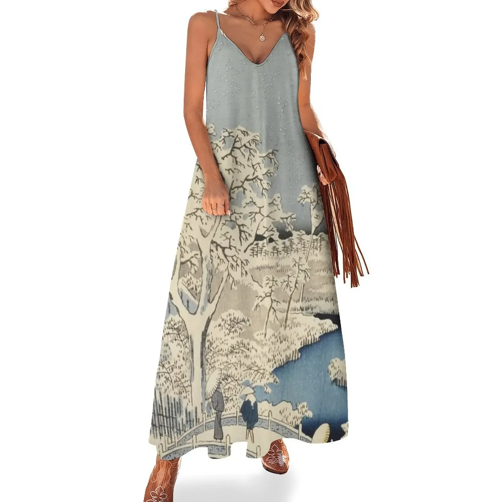 HD Drum bridge at Meguro and Sunset Hill, by Utagawa Hiroshige HIGH DEFINITION Sleeveless Dress Women's long dress