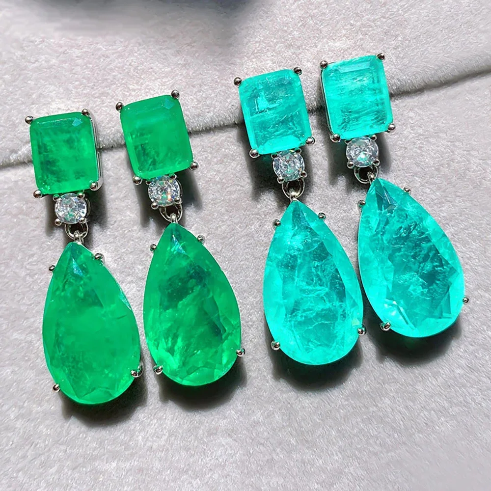 Trend Silver Color 39mm Long Earrings Paraiba Tourmaline Emerald Drop Earrings for Women Cocktail Party Wedding Jewelry Gift