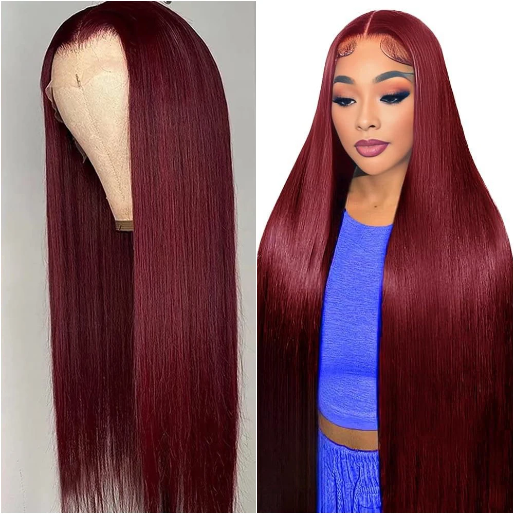 

13x6 Hd Lace Frontal Wig 99J Burgundy Straight Wigs Preplucked Brazilian Colored 13x4 HD Lace Frontal Wig 200% Density 40 Inch