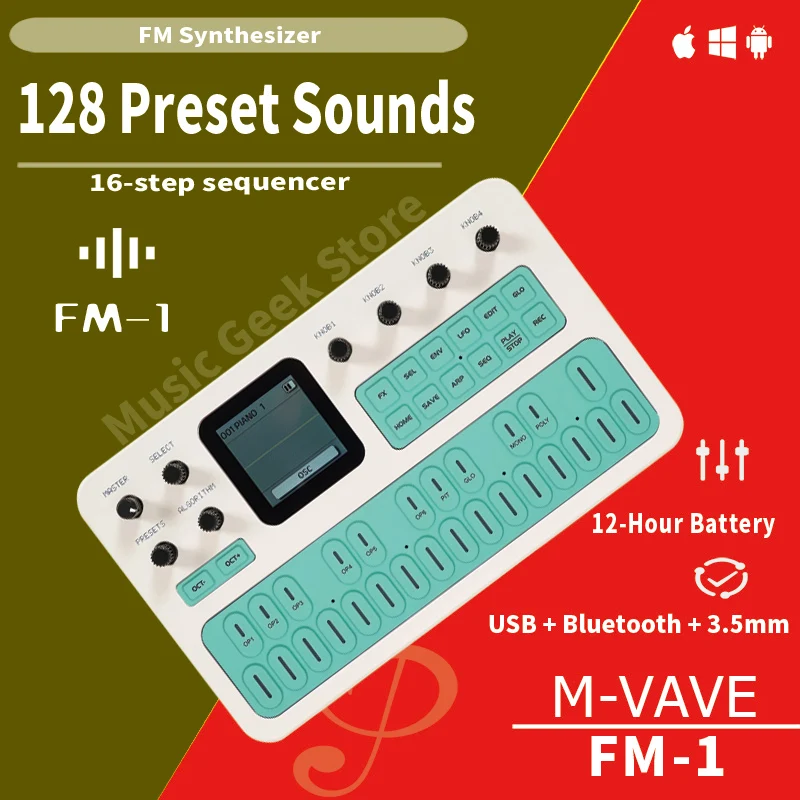 M-VAVE FM-1 White-Green Synthesizer – 128 Presets, Built-in Speaker, 12h Battery, Bluetooth MIDI, 6-Operator, 32-Algorithm