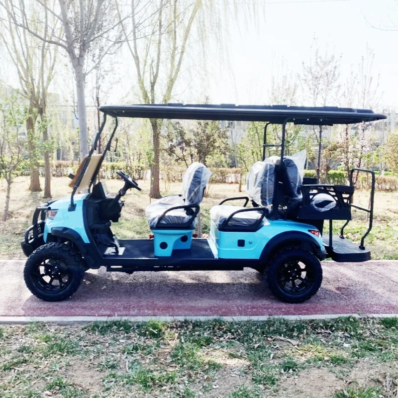 6 Seater High End Custom 72V Four Wheel Vehicle Good Quality Electric Golf Cart Black Upholstered Seat Off-Road Tires Bumper
