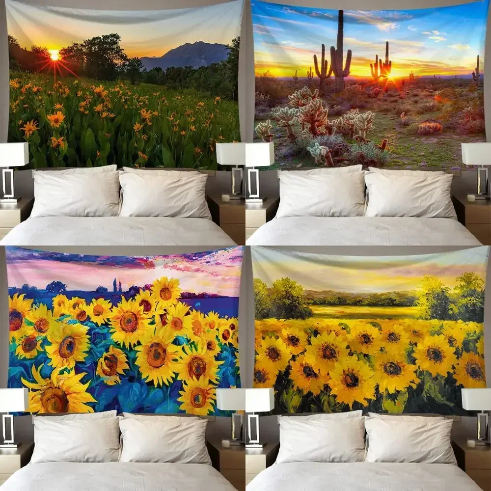 Cilected Sunflower Flower Sea Tapestry Wall Hanging Polyester Thin Section Pastoral Landscape Painting Sofa Towel Blanket Carpet