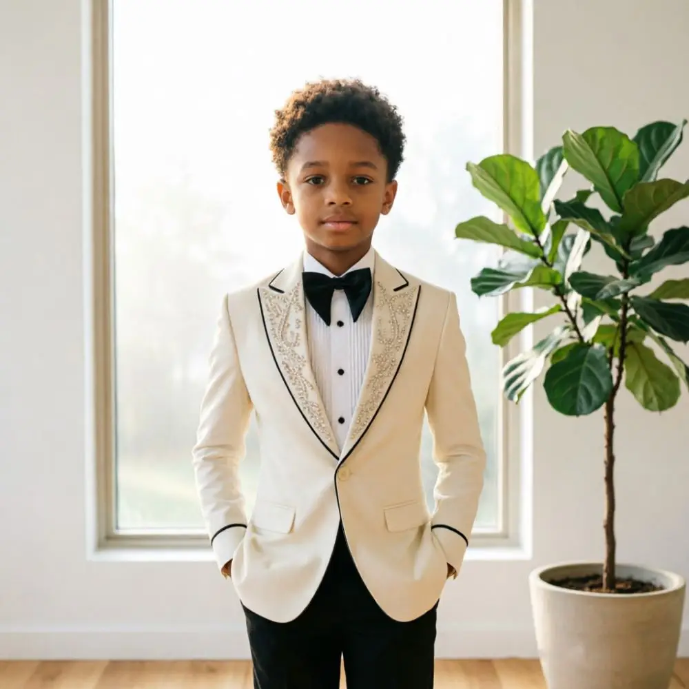 Boy Suits Ivory Luxury Beaded Slim Fit 2 Pieces Custom Wedding Mix Match Child Contrast Trim Flap Pockets Prom Choir Stage Wear