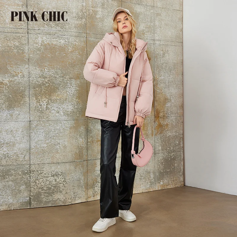 PINK CHIC 2023  New Winter Coat Women Down Jackets Fashion Classic Warm Lace up Hooded short version Parka Female W8271