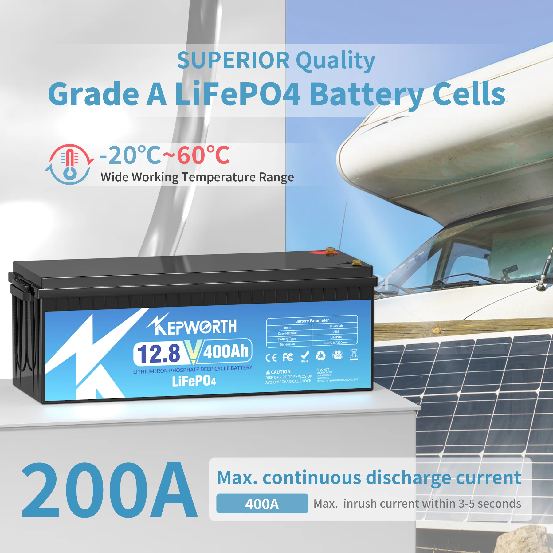 Batteria LiFePO4 da 12 V 400 Ah con BMS da 200 A, oltre 6000 cicli profondi, celle di grado A, per motori da traina, barche, camper, solari, fuori rete