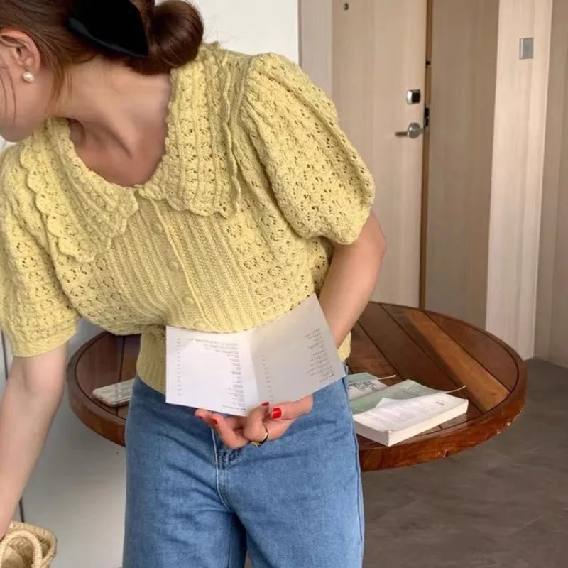 

Bubble Sleeve Gentle Wind Women's Knitted T-Shirt 2026 Spring and Summer Short Design Hollow Bubble Sleeve Top