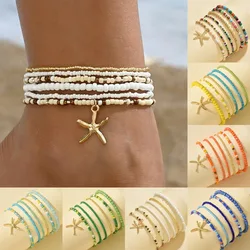 6pcs Set Summer Beach Acrylic Round Ball Beaded Starfish Anklet for Women Retro Trend Multilayer Foot Jewelry Holiday Accessory