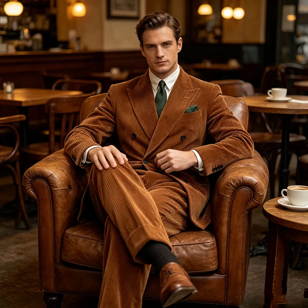 Brown Corduroy Double Breasted Men Suit Peak Lapel Blazer Outfit Double Split Vintage Business Casual Male Retro Two Pieces Set