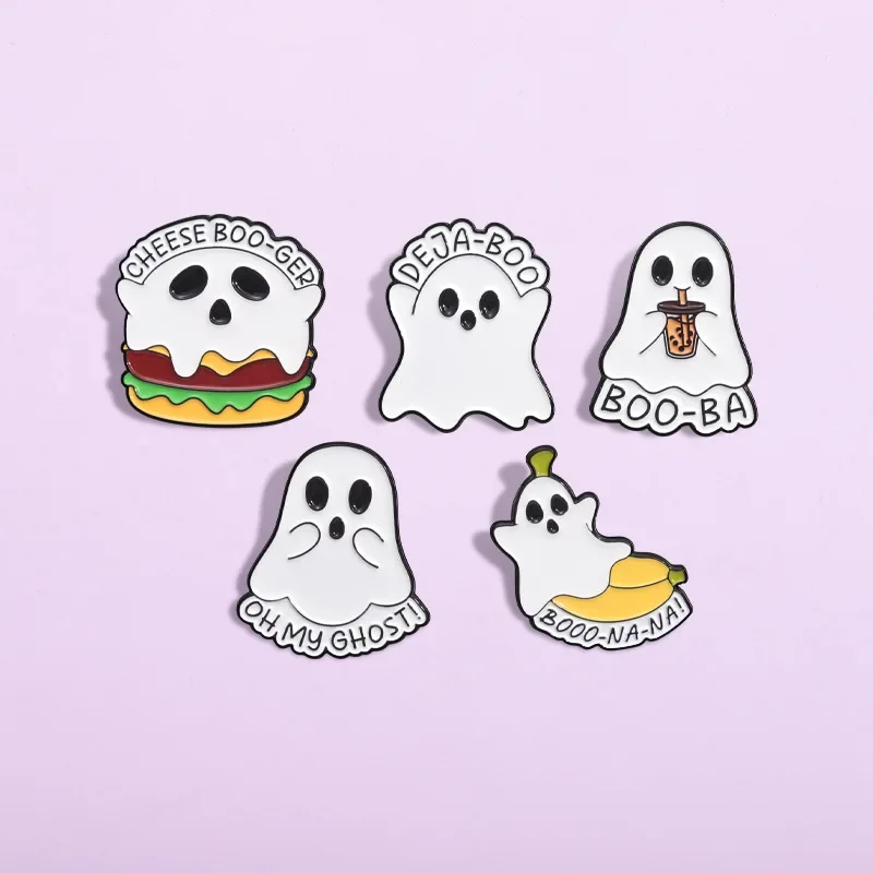 Halloween Cute Ghost Enamel Pins CHEESE BOO-GER Hamburger Milk Tea Brooches Lapel Badges Funny Jewelry Gift for Friend Wholesale