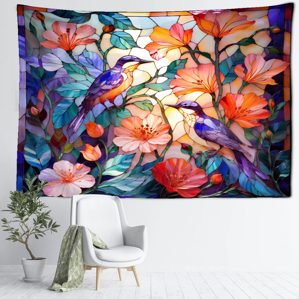 Colorful Flower Bird Tapestry Wall Hanging Modern Minimalist Art Style Bohemian Natural Bedroom Living Room Home Decor