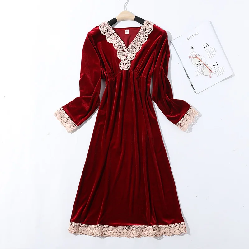 Winter Warm Nightdress Sleepwear Women Nightgown V Neck Lace Edge Autumn Velvet Long Sleeve Homewear Sleep Dress Home Clothes