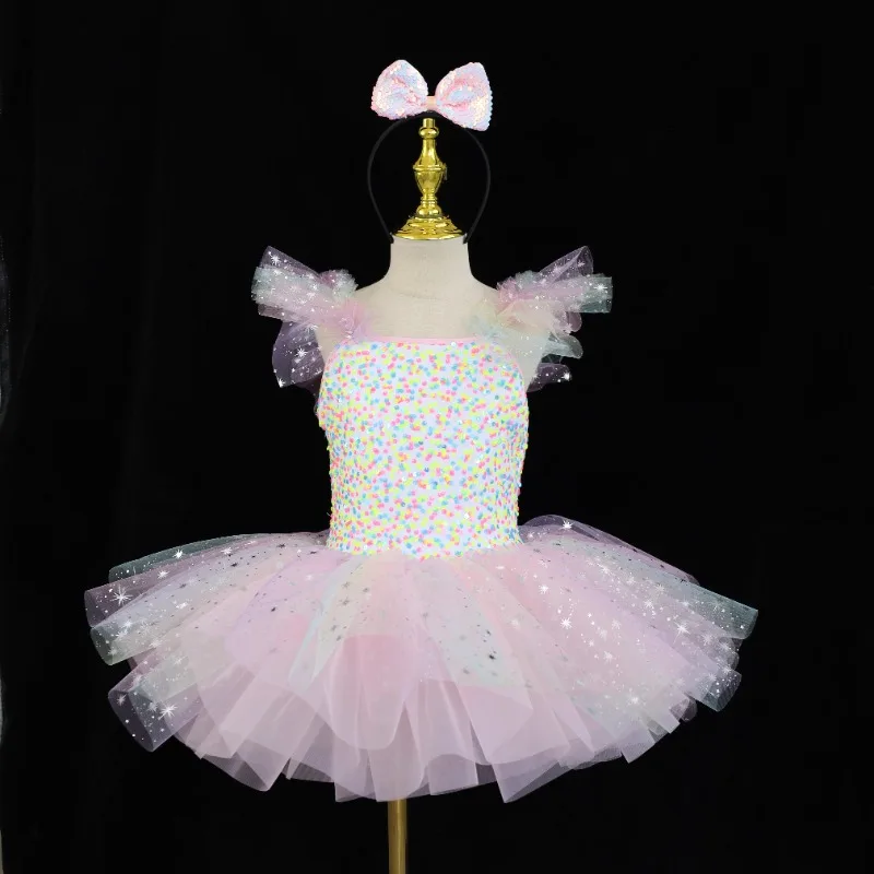 

Children Ballroom Clothing Sequined BalletTutu Dress Girls Rainbow Color ModernPerformance Clothing Wear Ballet Princess Dress