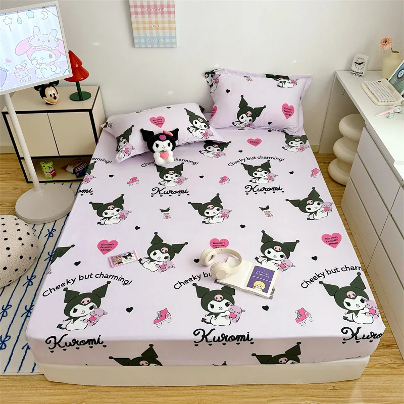 Sanrio Hello Kitty Kuromi Fitted Sheets Cute My Melody Bedroom Type A Washed Cotton Cartoon Three-piece Set Skin-friendly Cotton