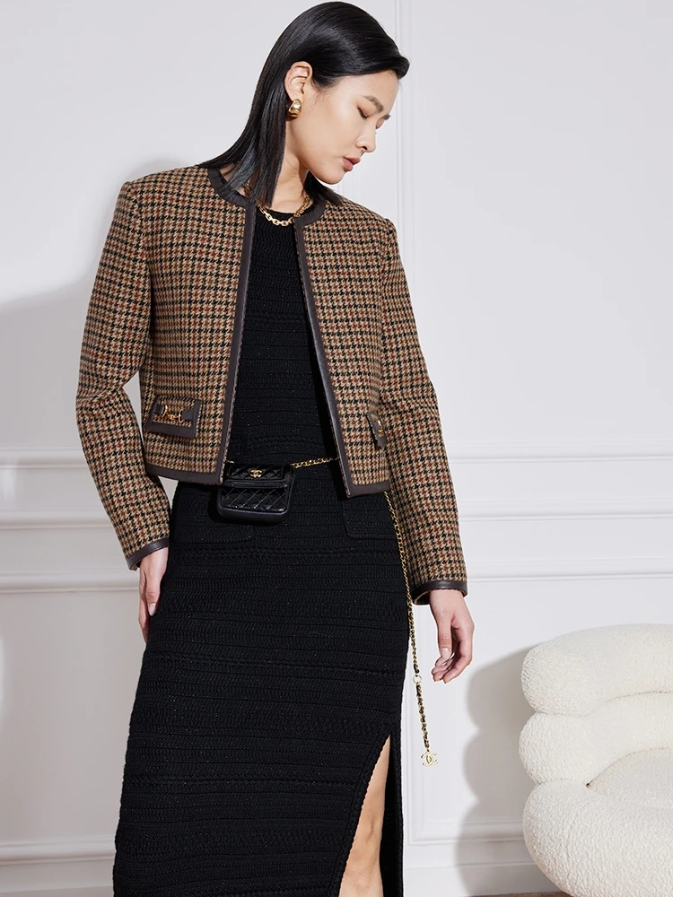 

Пальто Cokato из высококачественной шерсти в коричневую клетку с кожаной цепочкой, круглый воротник, ретро-стиль, женская мода, весна-осень 2024