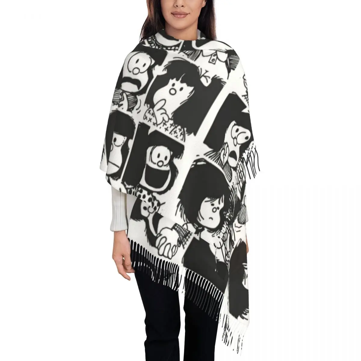 Anime Plaid Mafalda Blanket Scarf Women Luxury Winter Shawl Wraps Quino Cute Kawaii Tassel Wraps