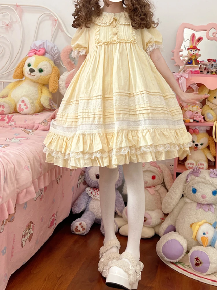 Japanese Style Kawaii Yellow Lolita Dress Summer Women Princess Dress Peter Pan Collar Sweet Lace Ruffles Dress Kawaii Clothing