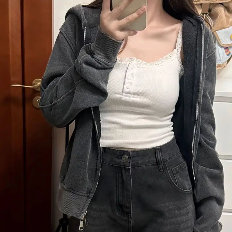 American Washed Zipper Hoodie Sweatshirts Women Spring Retro Do Old Loose Short Versatile Hooded Jacket for Girls Streetwear