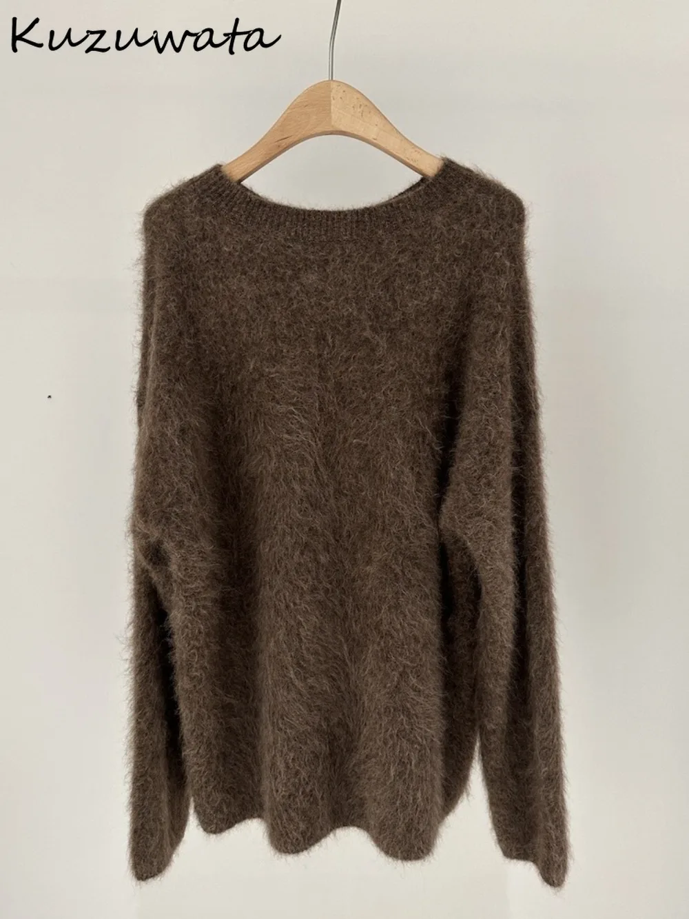 Kuzuwata Harajuku O Neck Fur Thicked Wool Fluffy Pullovers Knit Loose O Neck Luxury Pull Femme Japan New Moda Elegant Knitwear