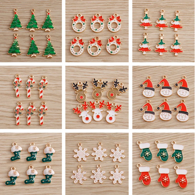 10 Stück Niedliche Weihnachtsanhänger aus Emaille: Weihnachtsmann, Handschuhe, Baum, Hirsch - Anhänger für Schmuckherstellung, Halsketten, Ohrringe, DIY-Geschenke – Detail 1