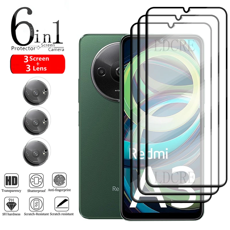 6-in-1 For Redmi A3 Glass For Xiaomi Redmi A3 Tempered Glass 9H Full Cover Glue 9H Screen Protector For Redmi A 3 A3 Lens Glass