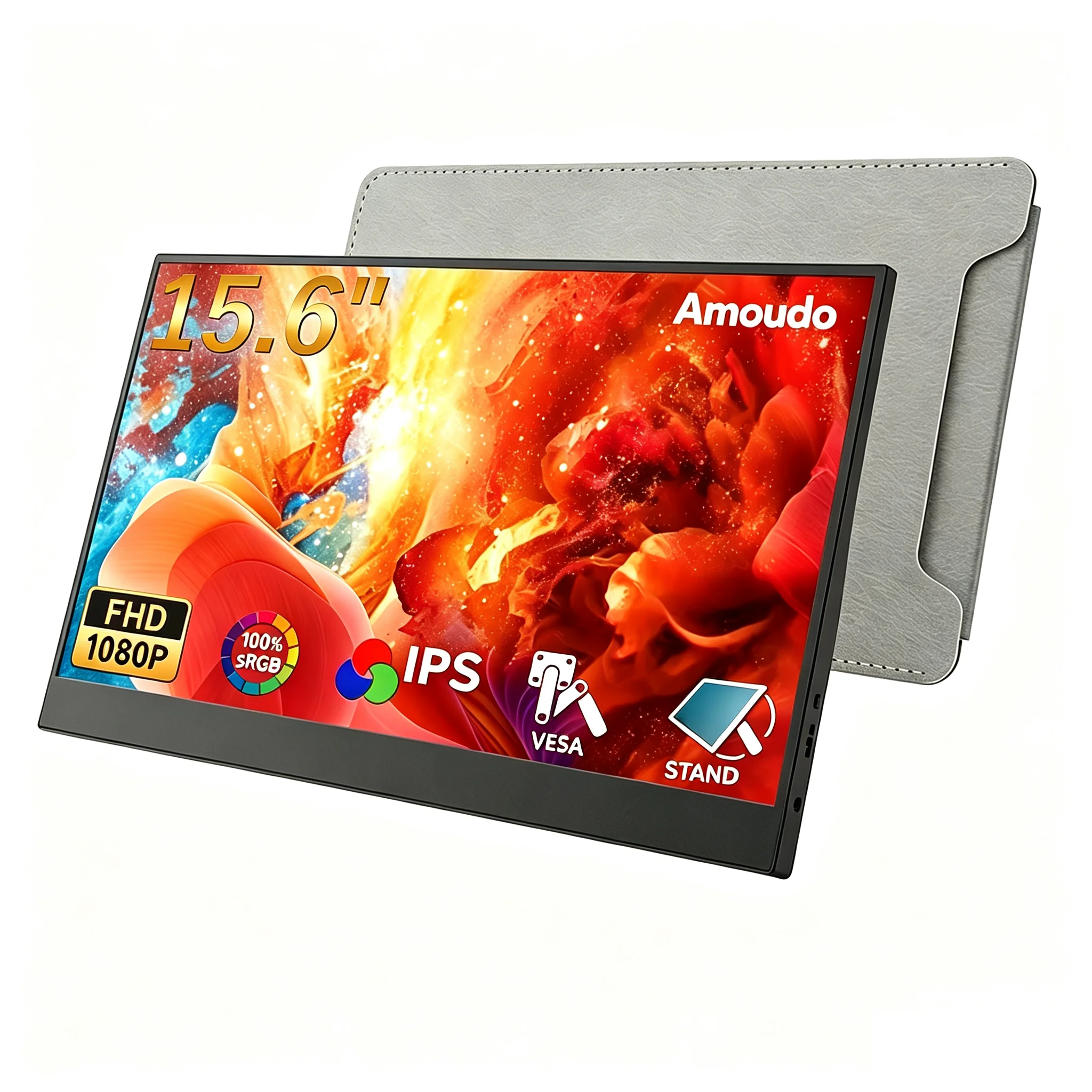Amoudo 15,6-calowy przenośny monitor z panelem IPS LCD o rozdzielczości 1920x1080P, rozszerzający ekran, z mocowaniem VESA, USBC i Mini HDMI.