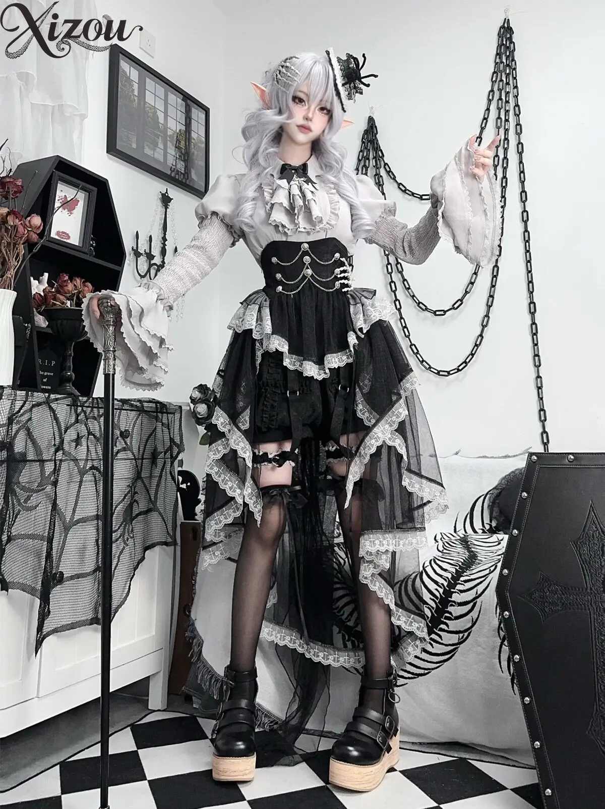 Women Dark Fairy Skirt Gothic Lolita Puff Sleeve Shirt Corset Apron Skirt Shorts Three Piece Set Court Style Top Outfit Pant