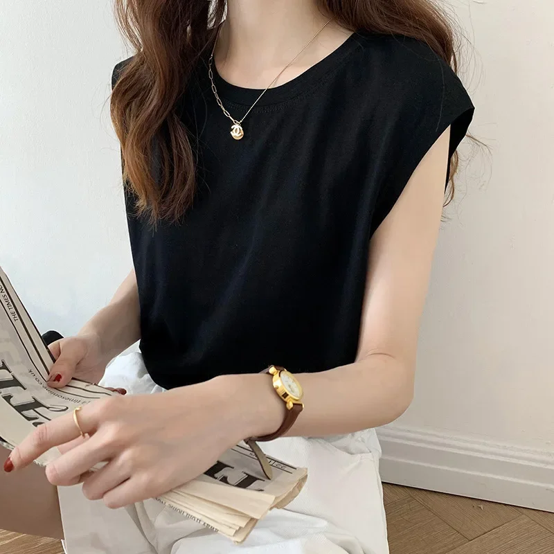 Camiseta blanca holgada a la moda para mujer, chaleco negro de nuevo estilo, ropa exterior informal y cómoda para estudiantes, verano 2023