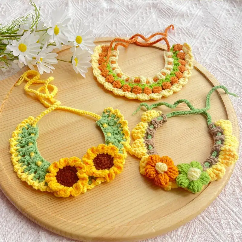 Handmade Woven Flower Pet Collar Adjustable Knitted Scarf for Daily Walking and Spring Outings