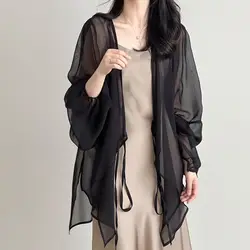 Cardigã fino de seda e gelo para mulheres, manga longa, sólida, que combina tudo, camisa irregular solta, tops, temperamento na moda, roupas de verão