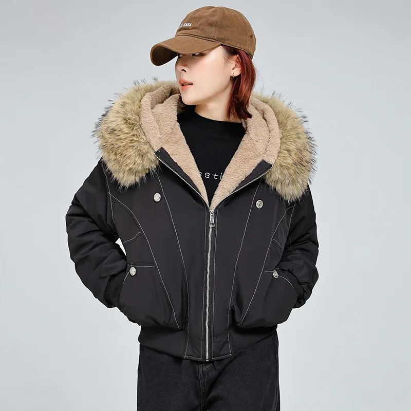 Retro Daunenjacke aus Baumwolle, Damen-Kurzmantel, gefälschter Kaninchenfellkragen, mit Kapuze, Winter, warm, verdickt, Oberbekleidung, Parkas, trendig