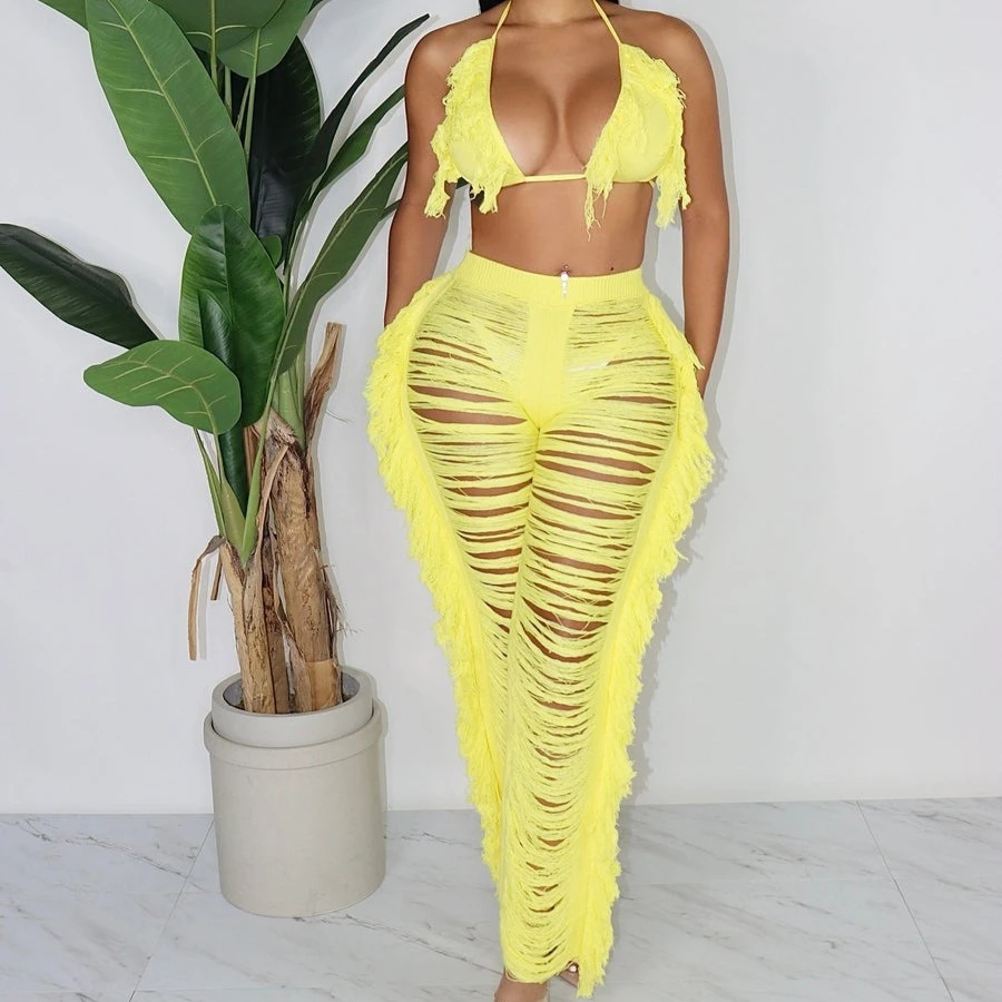 

Sexy Two Piece Pant Sets Women Hollow Out Trousers Matching Sets Strapless Tassels Hole Pencil Pants Suits High Street Summer