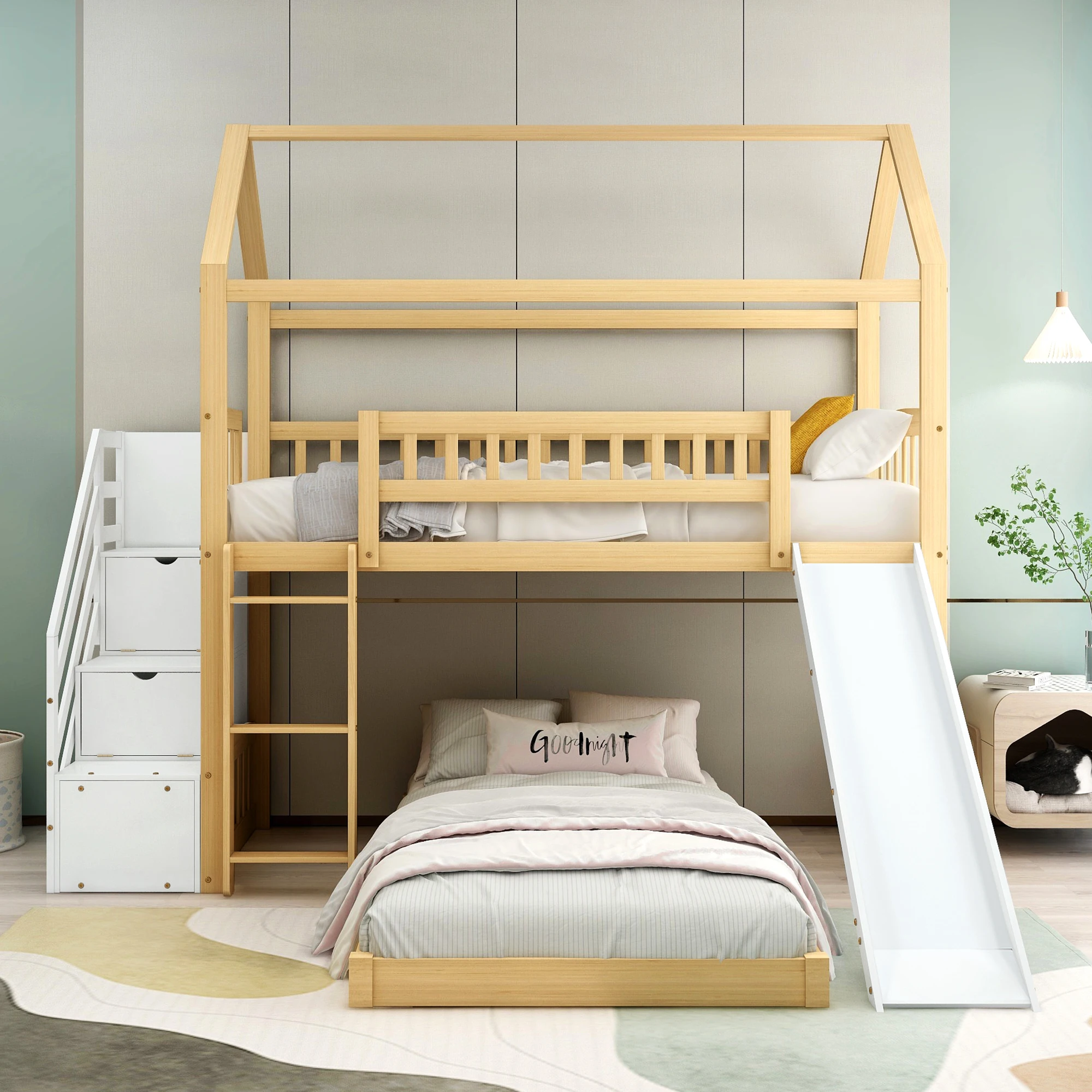 Floor bed with stair with handrail and right angle ladder, stair with storage space, house bed with slide