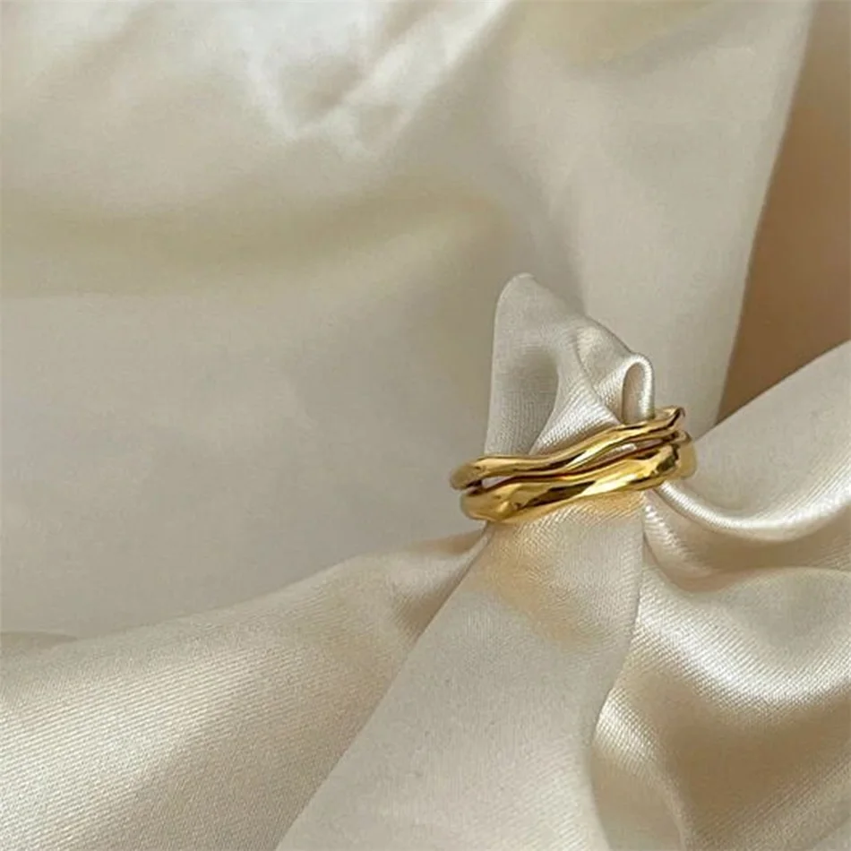 EMANCO Goldfarbene / Silberfarbene Unregelmäßige Wellenringe Trendiger Einfacher Geometrischer Handgefertigter Schmuck für Frauen und Paare – Detail 8