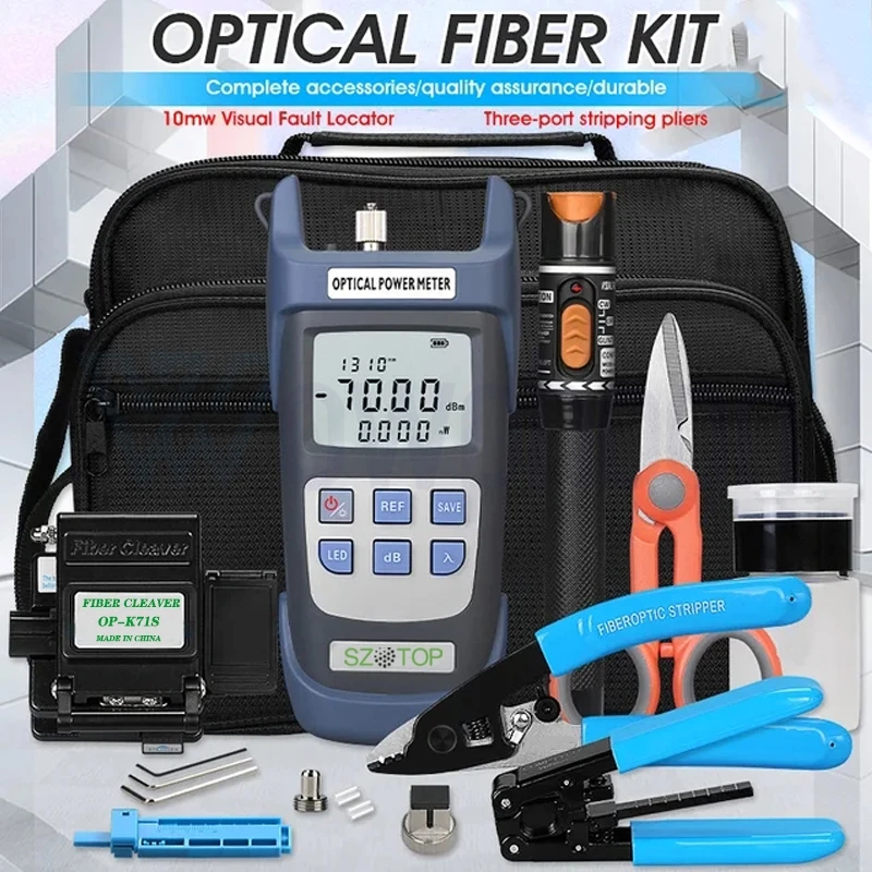 

Customized FTTH Fiber Optic Tool Kit with Optical Power Meter, Visual Fault Locator, Fiber Cleaver, Stripper and Pilers, 10mW