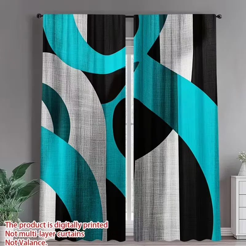 2 Stück Moderne Geometrische Teal-Schwarz Muster-Vorhänge, Entworfen zur Lichtblockierung, Premium-Material, Geeignet für Wohnzimmer, Schlafzimmer