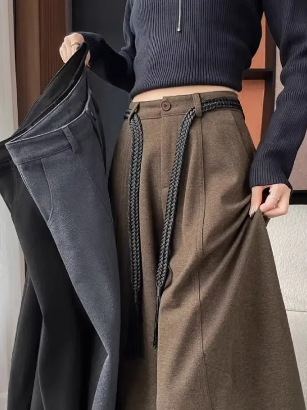 

Шерстяные брюки-палаццо цвета хаки для женщин, свободные, в стиле бойфренд, с высокой талией, повседневные, осенне-зимние, прямого кроя