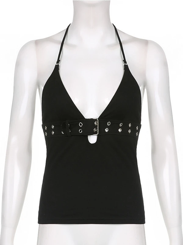 توب قصير مثير بفتحة رقبة على شكل V مع إبزيم على شكل كلمة 'يوم'، تصميم عصري ضيق وقصير للنساء الشابات في الصيف