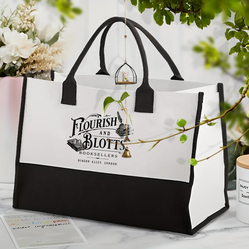 Flourish Blotts Printed Tote Bag Organizer Large Capacity Storage Shoulder Bag Lunch Box New Travel Handbag Gift for Book Lovers