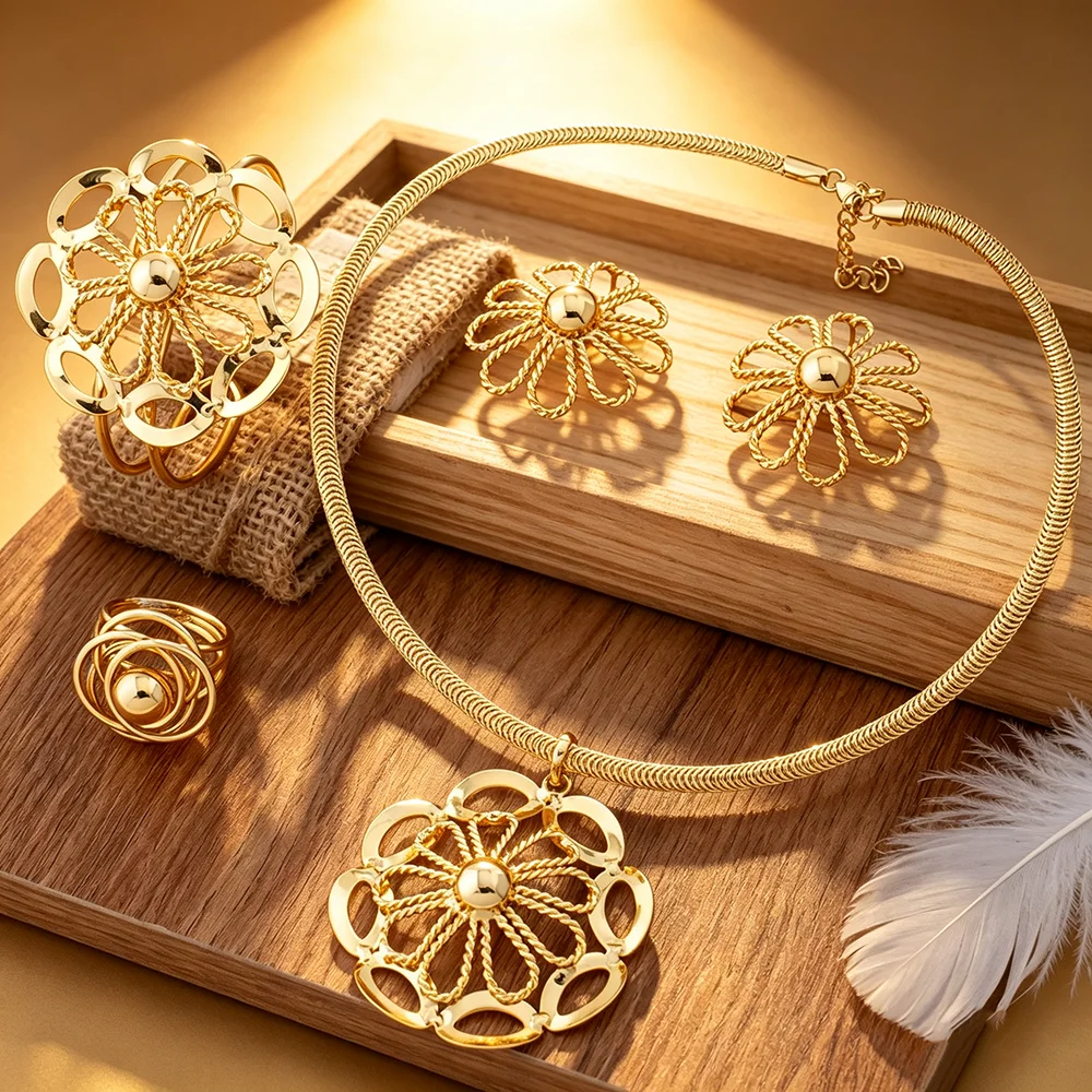 Luxuriöses 18K vergoldetes Blumenschmuckset 4-teilig Damen Halskette Ohrringe Armband Ring Braut Hochzeit Party Accessoires Geschenk – Detail 4