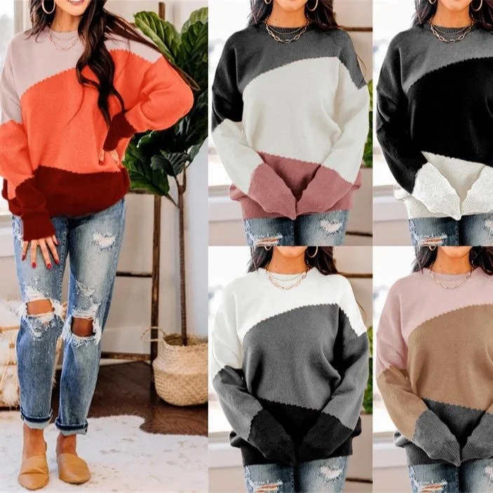 

Модный свободный женский трикотаж, круглый полосатый свитер, осень-зима, длинный свек, удобный крой, для поездок на работу, E260