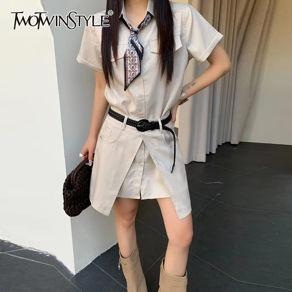 

TWOTWINSTYLE Solid Two Piece Sets for Women Lapel Short Sleeve Top High Waist Split Mini Dress Casual Set Female Fashion Clothes