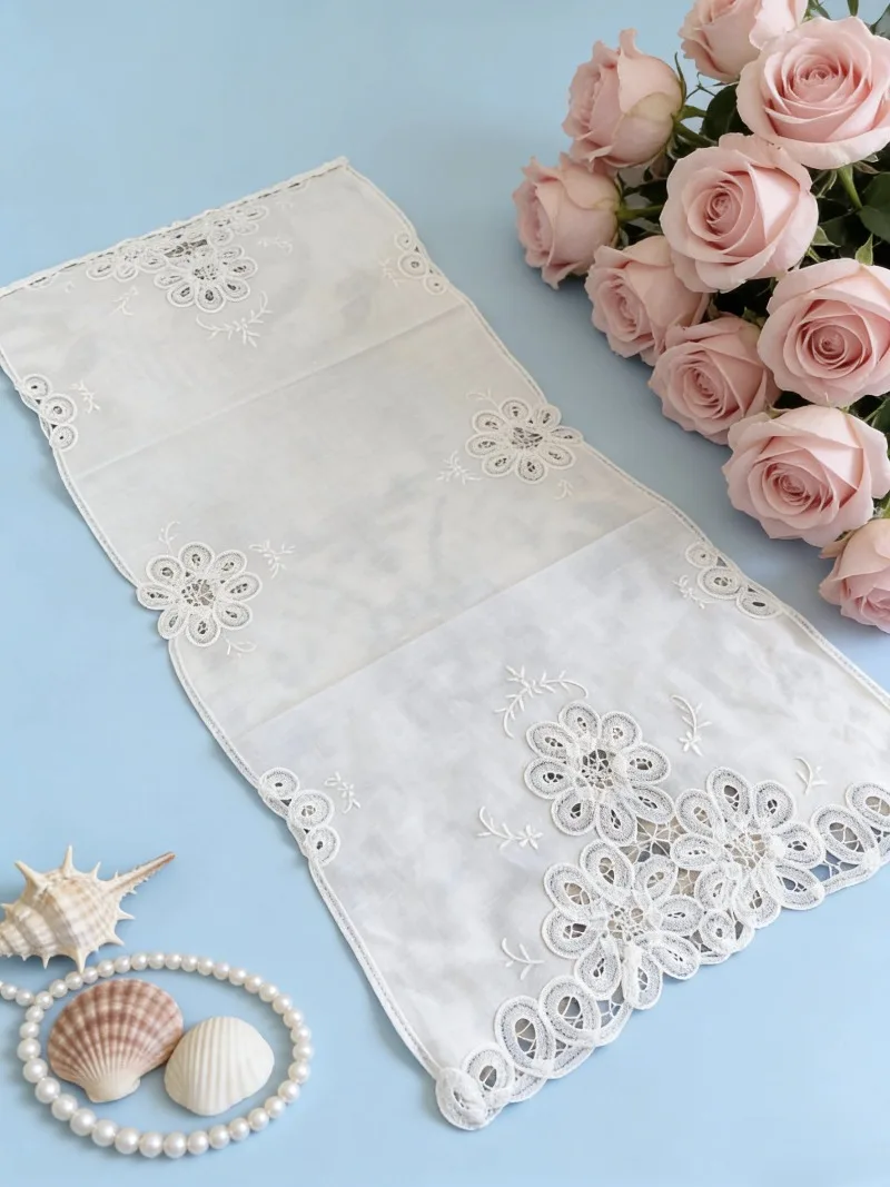 1PC White 100% Linen Handmade Lace Table Runner Batten Lace Table Runner Handkerchief