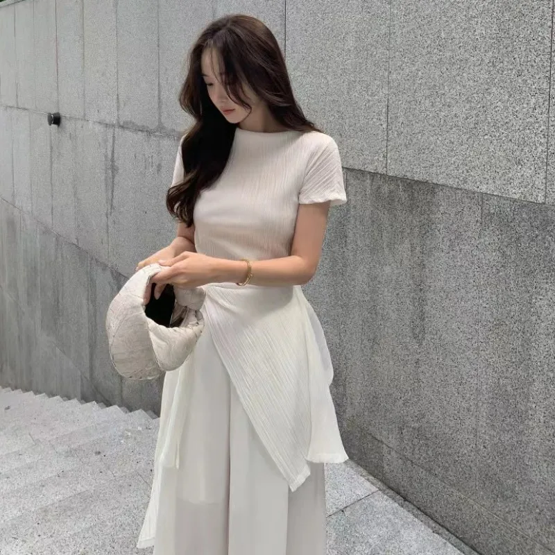 Korean Elegant Ropa Mujer Short Sleeve Camisetas Fashion Simple Tops Chic Roupas Summer New T Shirt Solid Tees with Capes