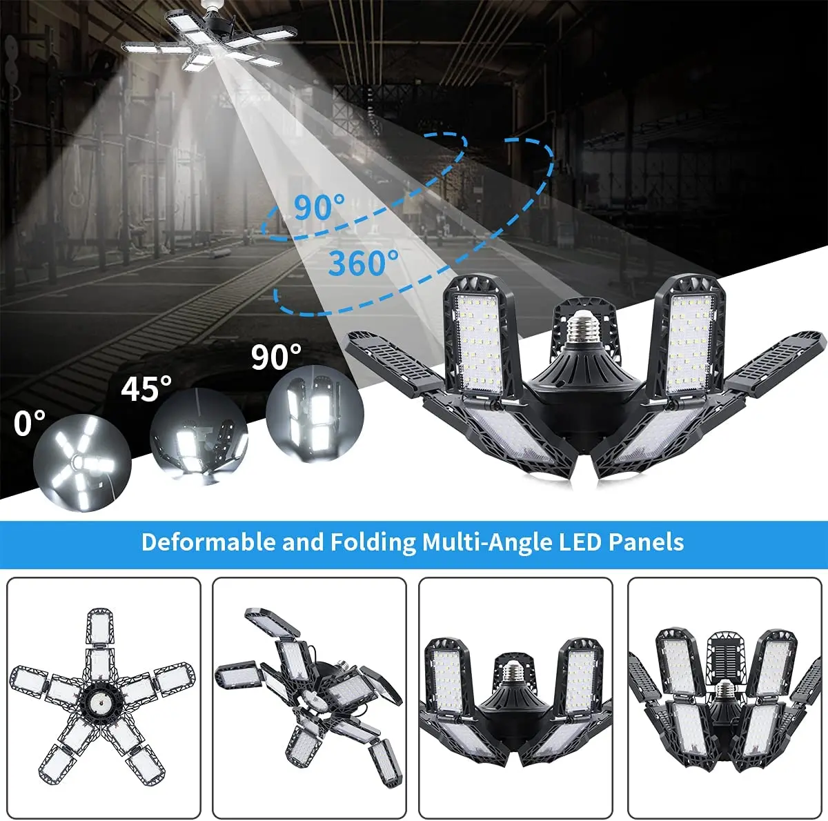 Luzes de garagem LED com 10 painéis ajustáveis, Lâmpada de teto, Iluminação Industrial, Armazenamento em armazém, E26, E27, 100W, 6500K