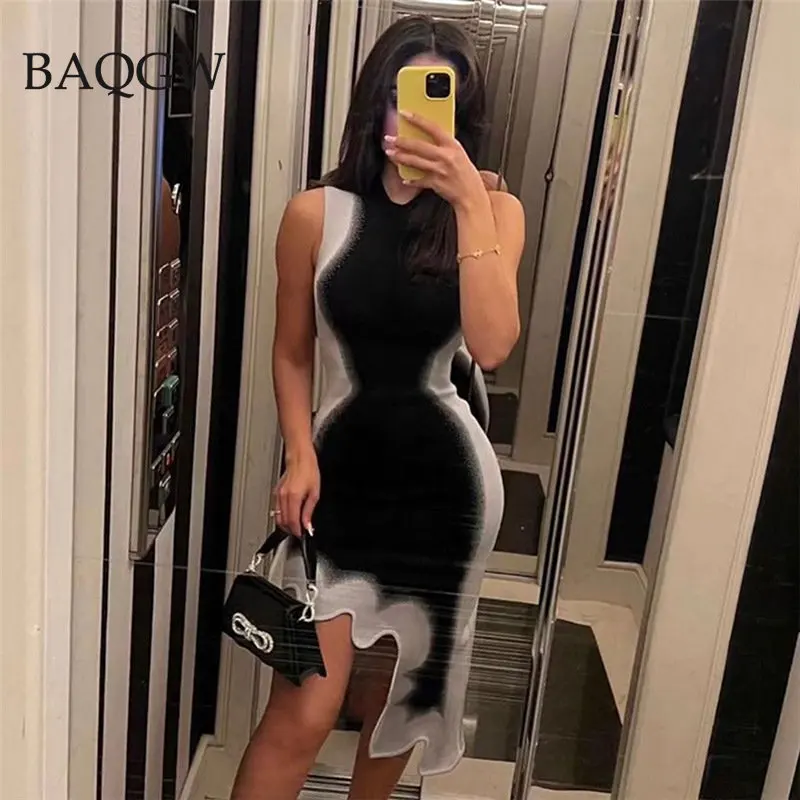 Women Fashion Party Club Bodycon Streetwear Purple Irregular Length Mini Dress Summer Sleeveless White Black Color Block Dresses