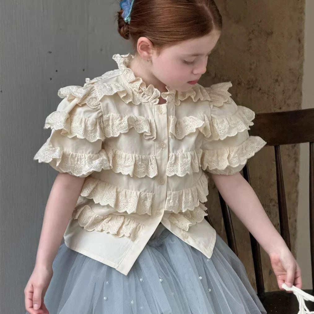 Girls Shirt 2026 Spring and Summer New Childrens Clothing Korean Girl Baby Retro Lovely Lotus Lace Splicing Short-sleeved Shirt