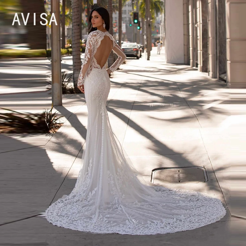 Elegant Wedding Dress 2024 Fairy Mermaid Sexy Charmeuse Bridal Gown Applique Lace Long Sleeves Sweep Train Vestido De Novia